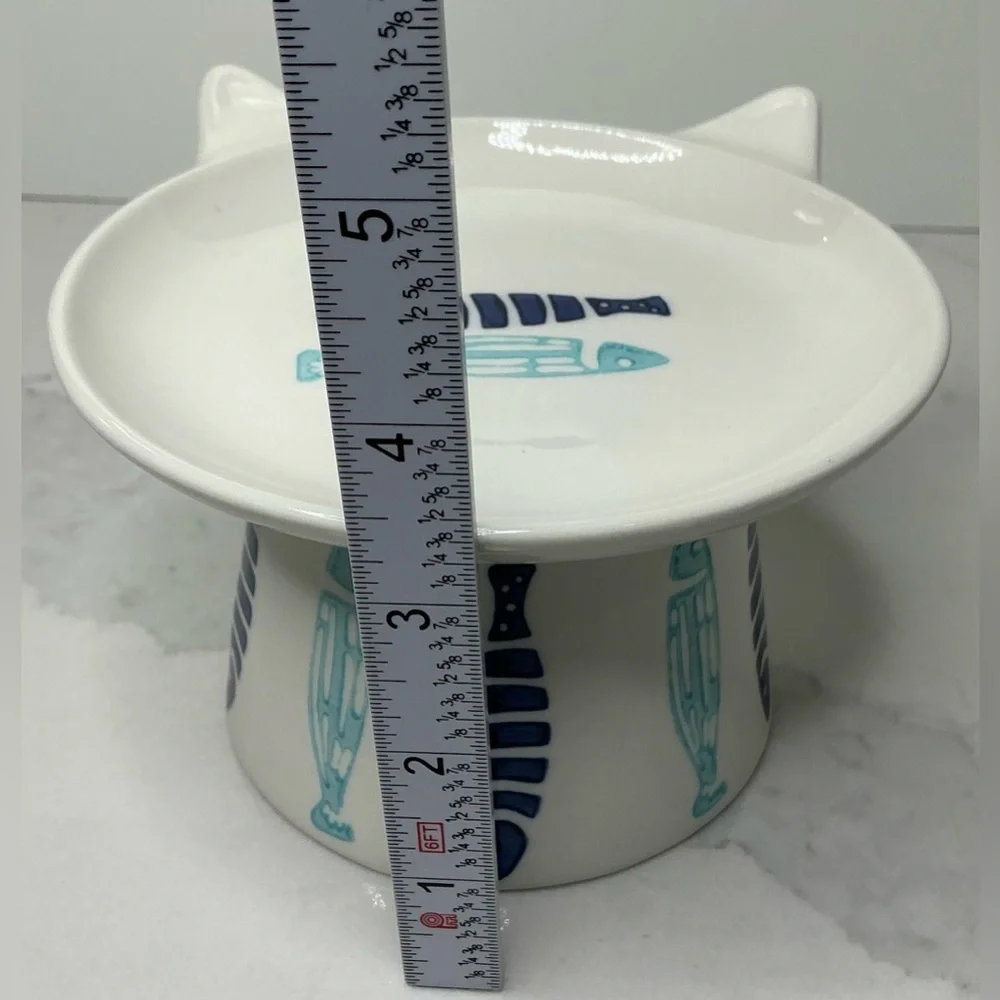 Signature Elevated Bowl Cat Food Blue & Aqua Ceramic Fish Design New